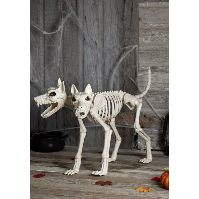 Seasons 3 ft Animated Two-Headed Doberman Dog Skeleton Halloween Decoration - Off-White