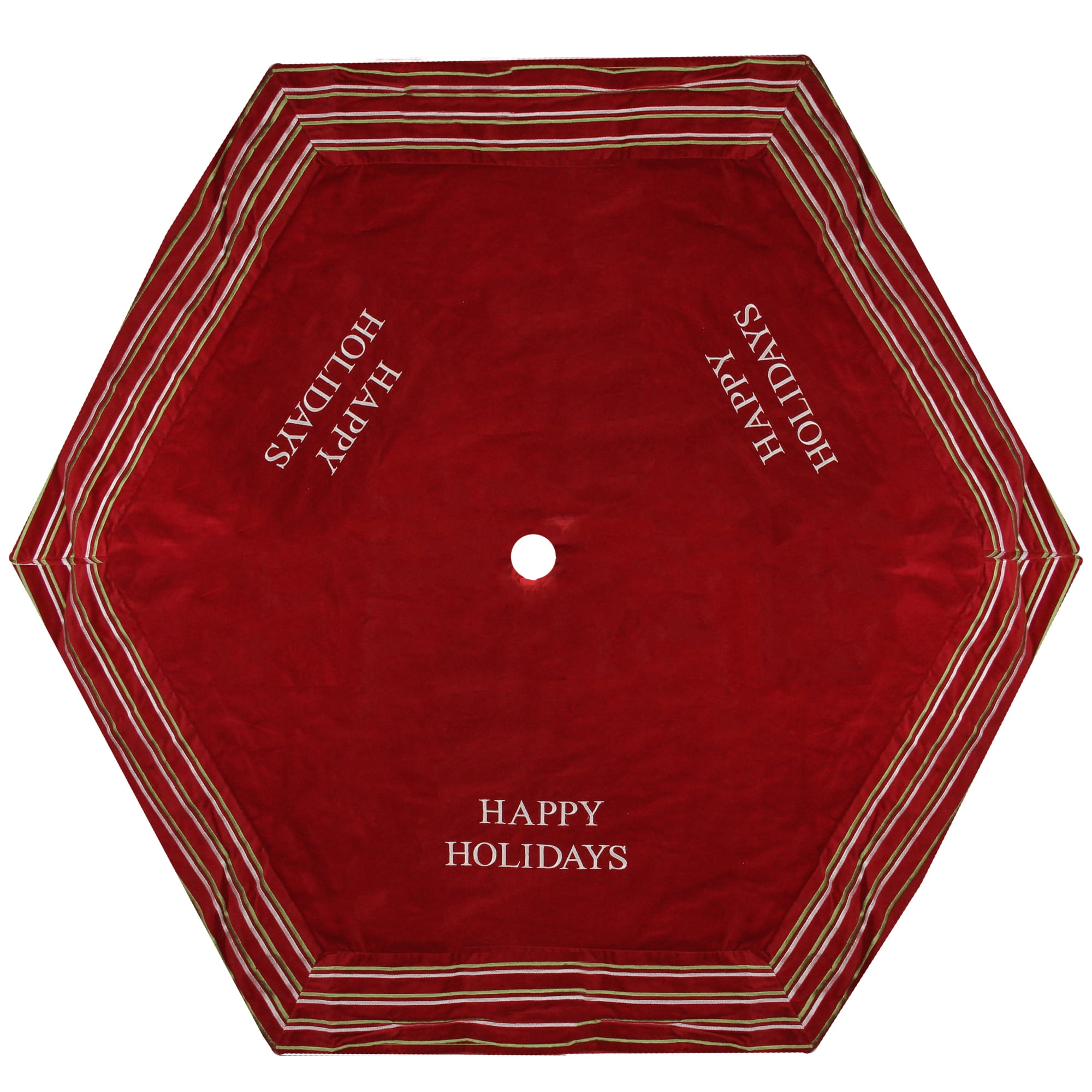 Red Velveteen Happy Holidays Christmas Tree Skirt with Striped Trim