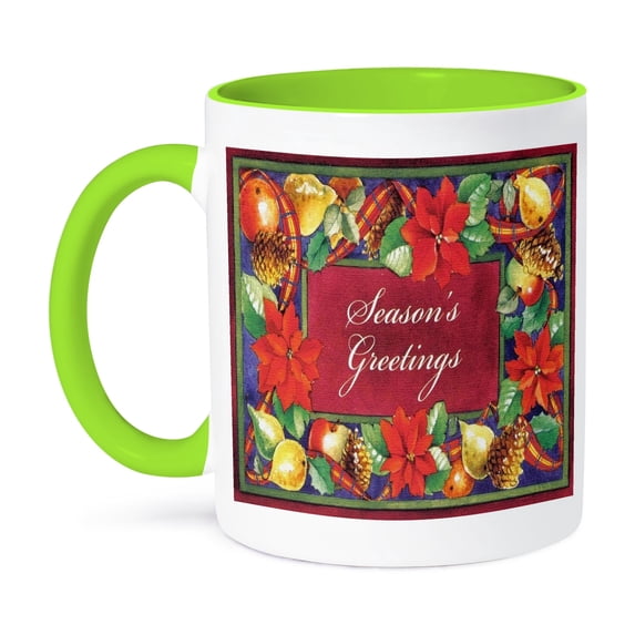 3dRose, Seasons Greeting with Holly Pine Cones Fruit Colorful Border, 15oz Two-Tone Green Mug