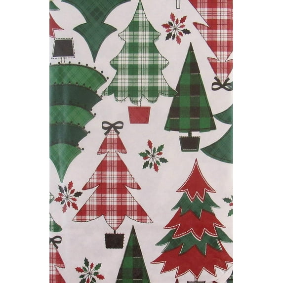 Seasons Greetings Plaid Christmas Trees Vinyl Flannel Backed Tablecloth 52"x70" Oblong