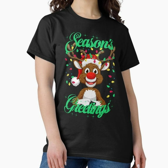 Seasons Greetings Reindeer Christmas Holiday Graphic Art Unisex T-Shirt up to size 5XL