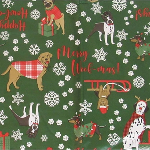 Seasons Greetings Vinyl Flannel Backed Tablecloth Merry Christmas Dogs (Green, 52" x 52" Square)