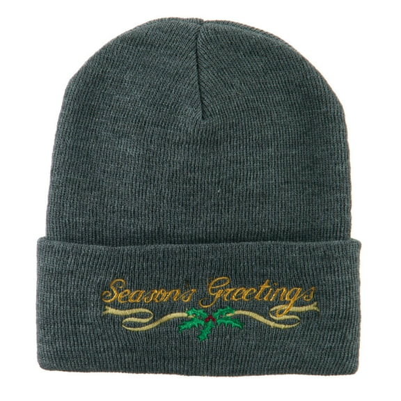 Seasons Greetings with Mistletoe Embroidered Long Beanie - Grey OSFM