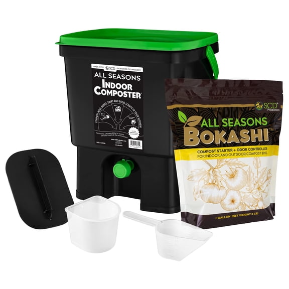 All Seasons Indoor Composter Starter Kit  4.4 Gallon Black Organko Compost Bin for Kitchen Countertop with Scoop, Cup, Presser & 2 lbs. (1 Gallon) of Bokashi, 77% Recycled Plastic by SCD Probiotics
