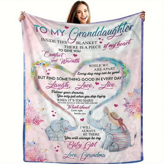 All Seasons Personalized Granddaughter Elephant Print Throw Blanket - Soft Flannel Fleece, Knitted Lodge Style with Inspirational Quotes & Digital Print, Lightweight Comfort - Ideal Gift for Grandchi