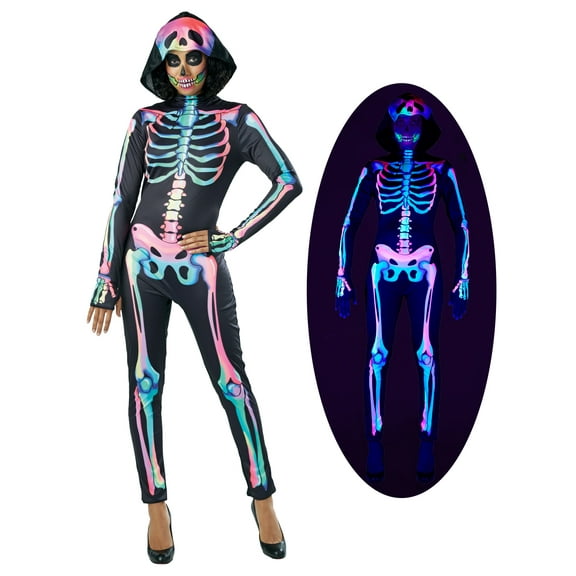 Seasons Rainbow Skeleton Halloween Costume for Women, UV Black Light Responsive