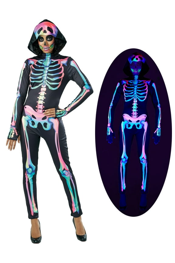 Rainbow Skeleton Halloween Costume for Women, UV Black Light Responsive
