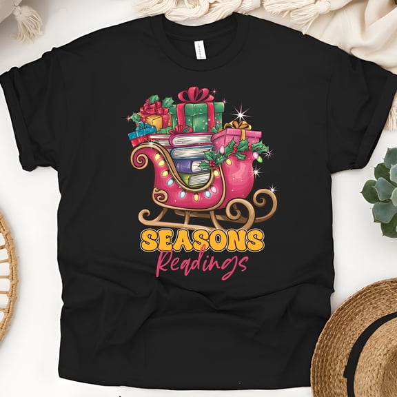 Seasons Readings Graphic Tee | Cute Book Lover Christmas Sleigh Shirt, Black, Size S