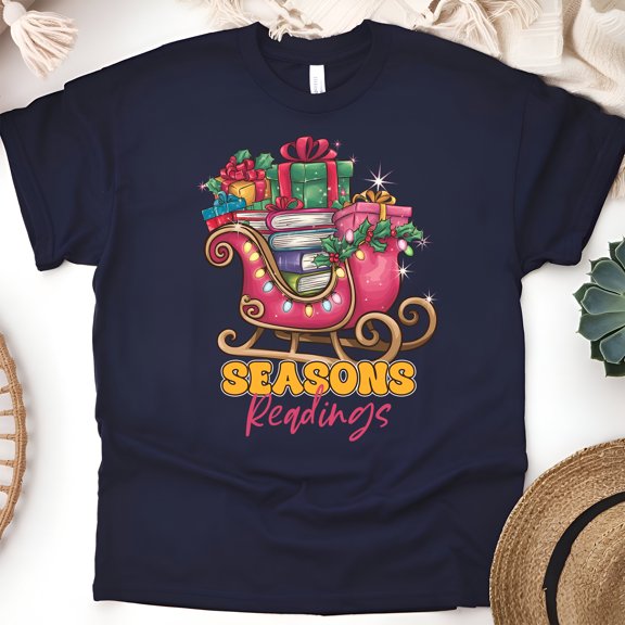 Seasons Readings Graphic Tee | Cute Book Lover Christmas Sleigh Shirt, Navy, Size S