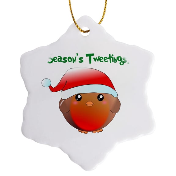 3drose, Seasons Tweetings Greetings - Cute Kawaii Christmas Robin Bird Cartoon with Santa Hat - Fun Birds, 3 inch Snowflake Porcelain Ornament