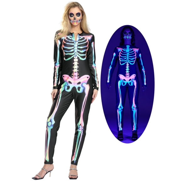 Seasons Women's Halloween Skeleton Costume, Double-Sided Colourful Pattern, Black Light Reactive