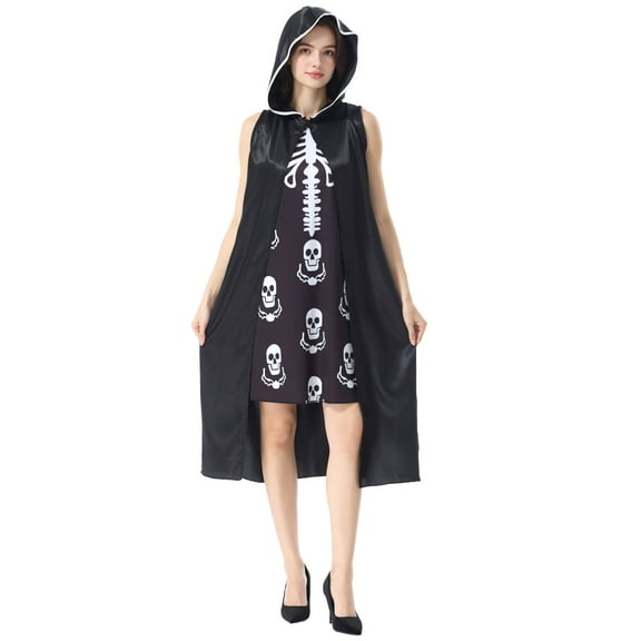 Seasons Women's Deluxe Skull Costume, Halloween Skeleton Costume with Dress and Cape, One Size Fits Most