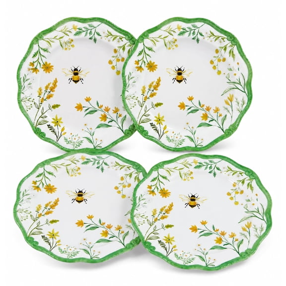 SeasonsEasy Bee & Wildflower Melamine Dinner Plates 11 Inch Scalloped Set of 4