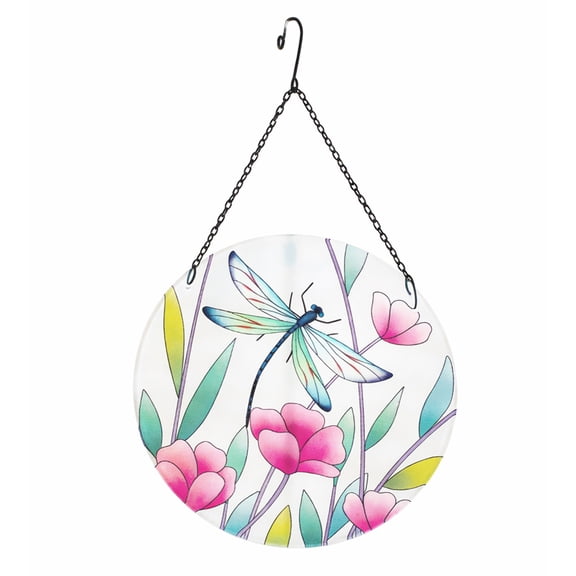 SeasonsEasy Dragonfly Stained Glass Sun Catcher 10 Inch Dragonfly Window Decor with Pink Flowers Hanging Ornament