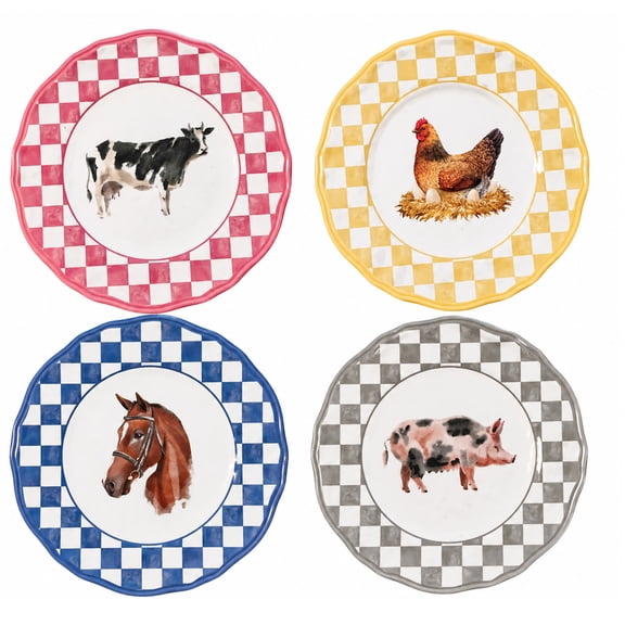 SeasonsEasy Set of 4 Melamine Dinner Plates 11 Inch Farm Animal Scalloped Edge Lightweight