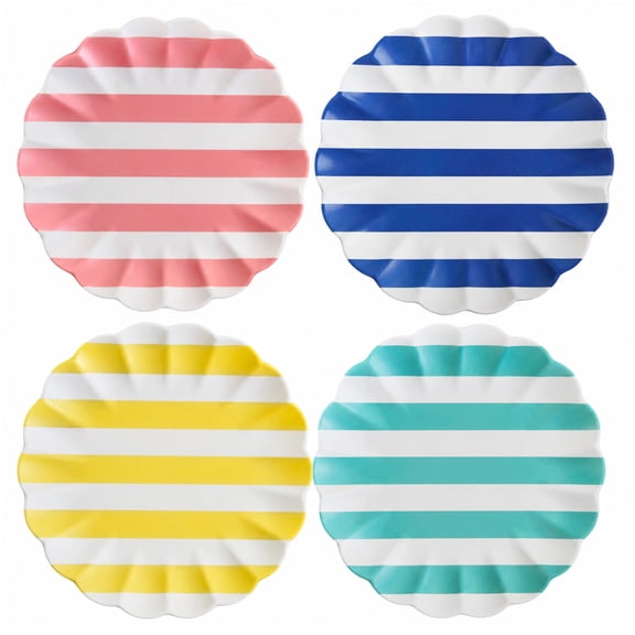 SeasonsEasy Set of 4 Scalloped Melamine Dinner Plates, 10.5-inch Pink Blue Yellow Striped Dinnerware