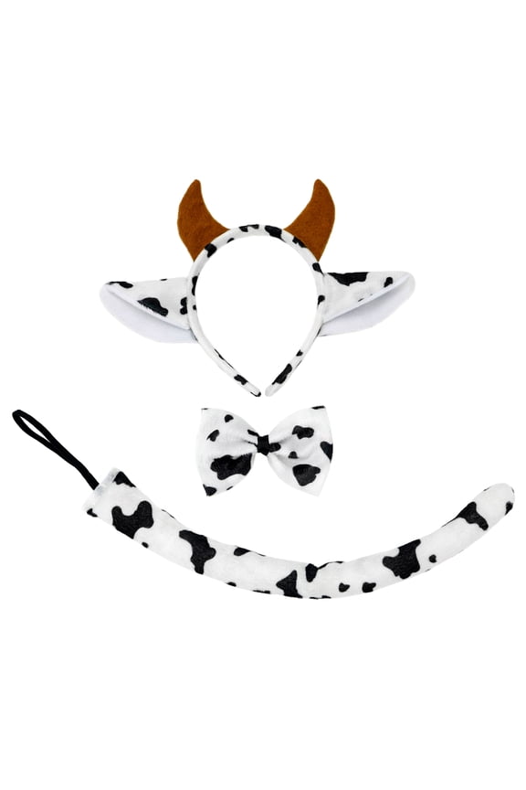 Cow Ears Headband Tail & Bow Tie Costume Set - Cute Halloween, Cosplay, Birthday Party, Fun Cow Dress Up Day Accessories Kit