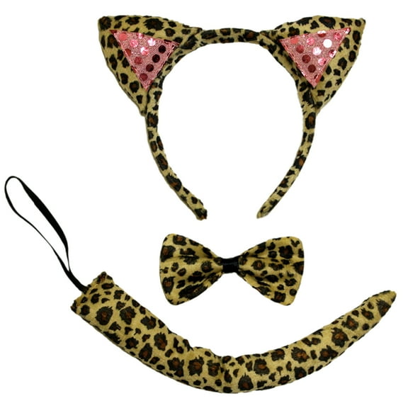 SeasonsTrading Pink Sequin Leopard Ears Headband, Tail & Bow Tie Costume Set - Cosplay Halloween Kit