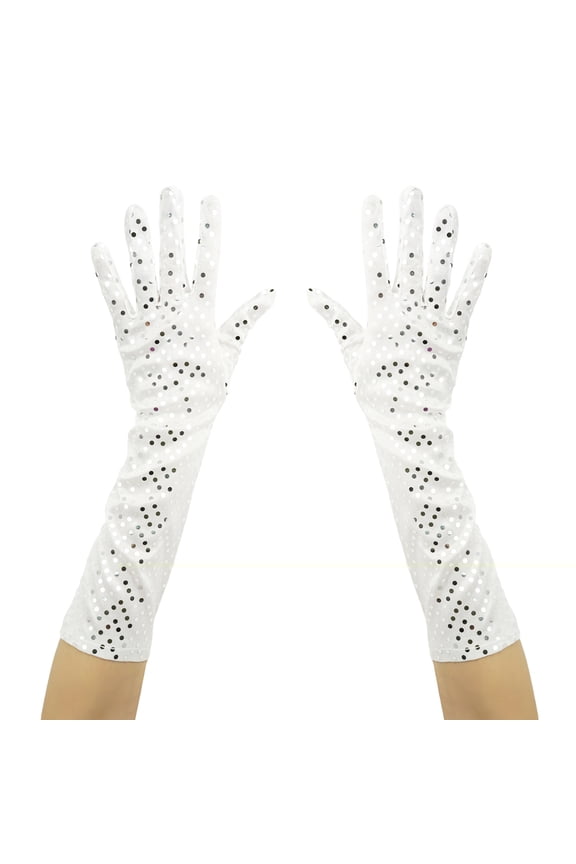 White Shiny Sequin Gloves - Prom, Wedding, Evening Formal, Dance, Costume Party