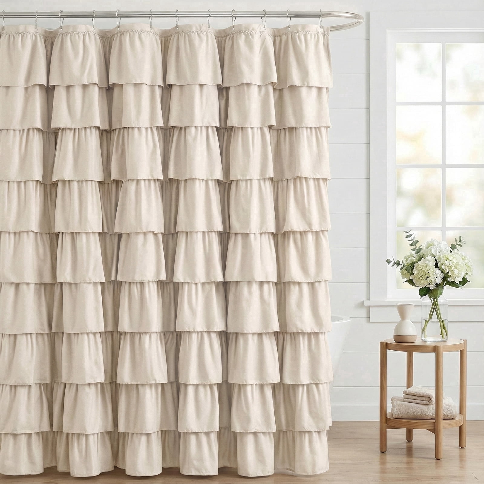 Seasonwood Beige Ruffle Shower Curtain,72" x 72" Farmhouse Fabric Bathroom Curtain