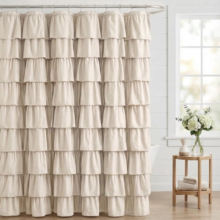 Seasonwood Beige Ruffle Shower Curtain,Farmhouse Fabric Bathroom Curtain,36 x 72 Inch