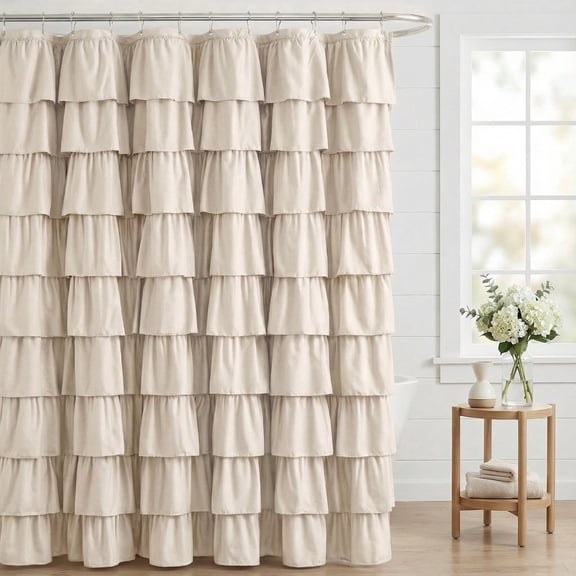 Seasonwood Beige Ruffle Shower Curtain,Farmhouse Fabric Bathroom Curtain,36 x 72 Inch