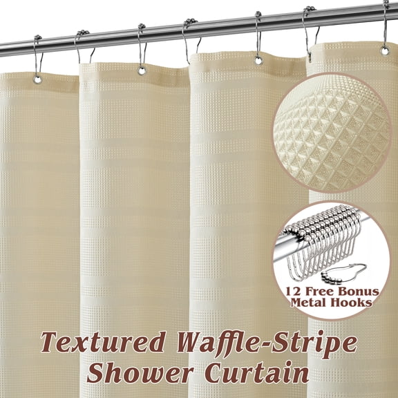 Seasonwood Waffle Shower Curtain,Fabric Shower Curtains for Bathroom with 12 Hooks,72Wx72H,Beige