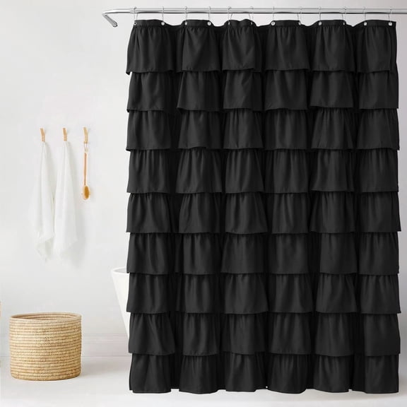 Seasonwood Black Ruffle Shower Curtain,Farmhouse Fabric Bathroom Curtain,72" x 72"