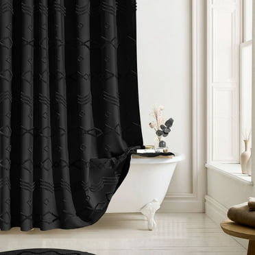 Seasonwood Black Shower Curtain Boho Woven Modern Farmhouse Fabric Shower Curtain 72"x78" Textured Tufted Striped