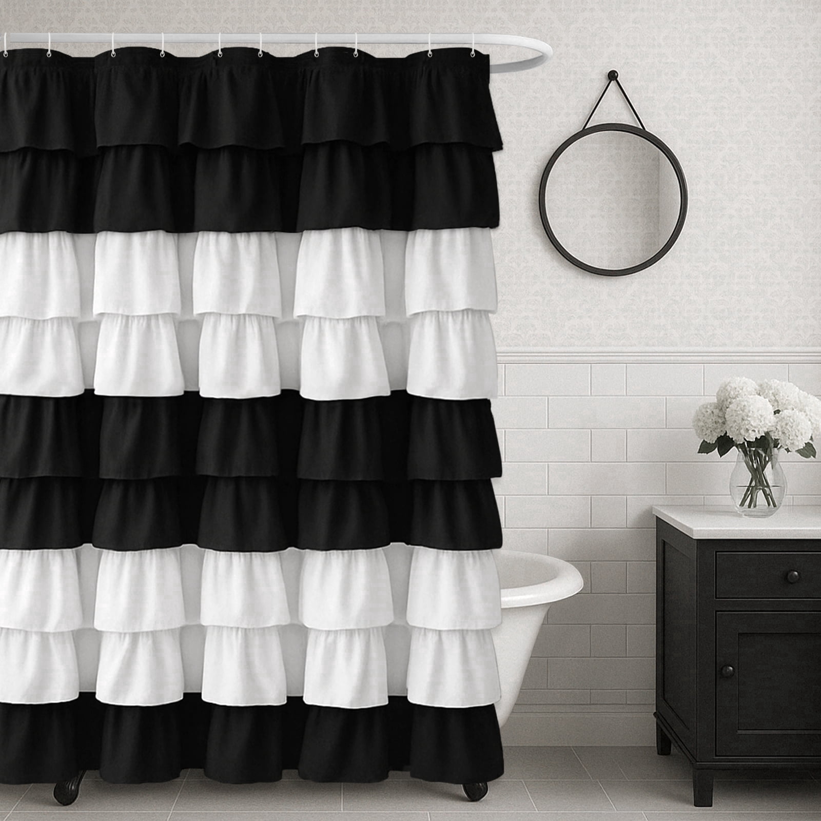 Seasonwood Black and White Ruffle Shower Curtain,Farmhouse Fabric Bathroom Curtain,72" x 72"