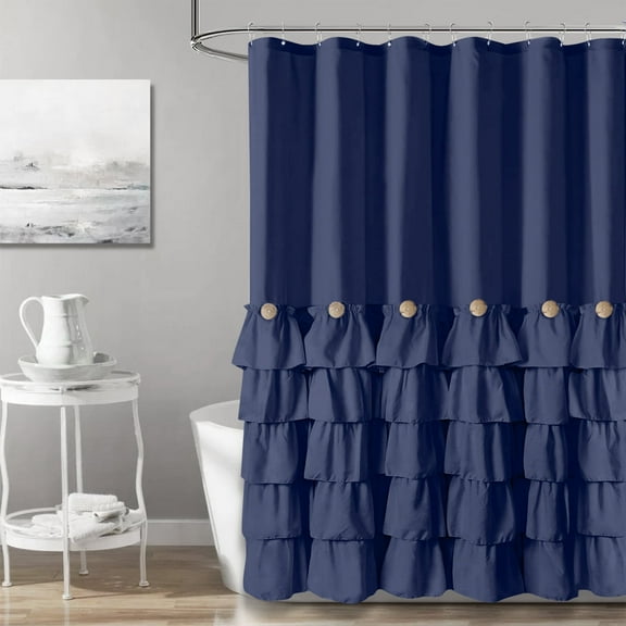 Seasonwood Blue Farmhouse Shower Curtains,Fabric Cute Ruffle Shower Curtain with Buttons & Ruffles for Bathroom Decor,12pcs Hooks,72"x72"