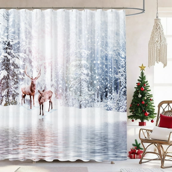 Seasonwood Elegant Winter Deer Shower Curtain Christmas Scenic Snowy Forest Design Shower Curtain,Waterproof,72"x72"
