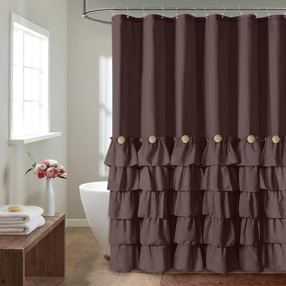 Seasonwood Extra Long Farmhouse Shower Curtains,Fabric Cute Ruffle Shower Curtain with Buttons & Ruffles for Bathroom Decor,12pcs Hooks,Brown,72"x84"