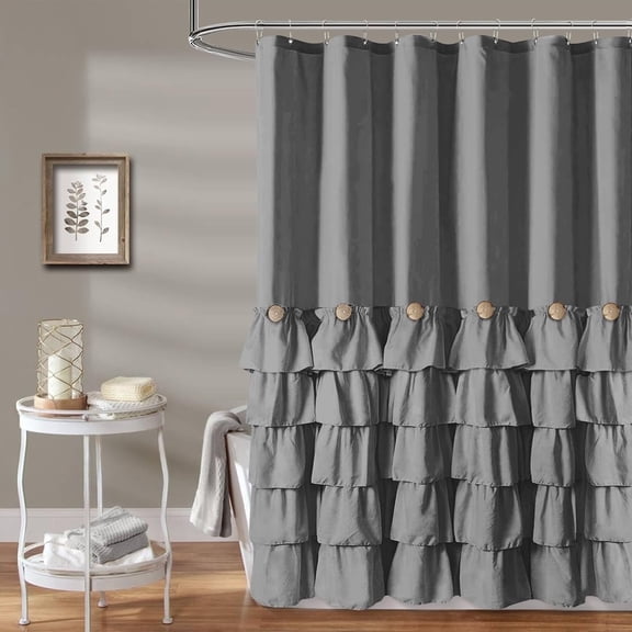 Seasonwood Extra Long Farmhouse Shower Curtains,Fabric Cute Ruffle Shower Curtain with Buttons & Ruffles for Bathroom Decor,12pcs Hooks,Gray,72"x84"