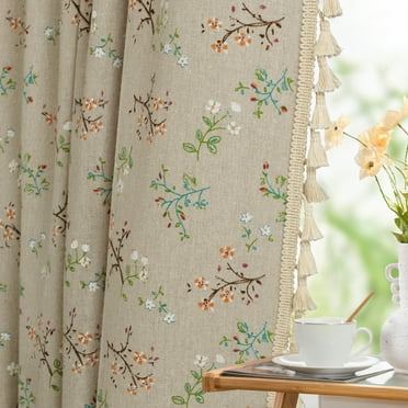 Seasonwood Farmhouse Beige Flowers Light Filtering Rod Pocket Curtains, 59 in x 63 in