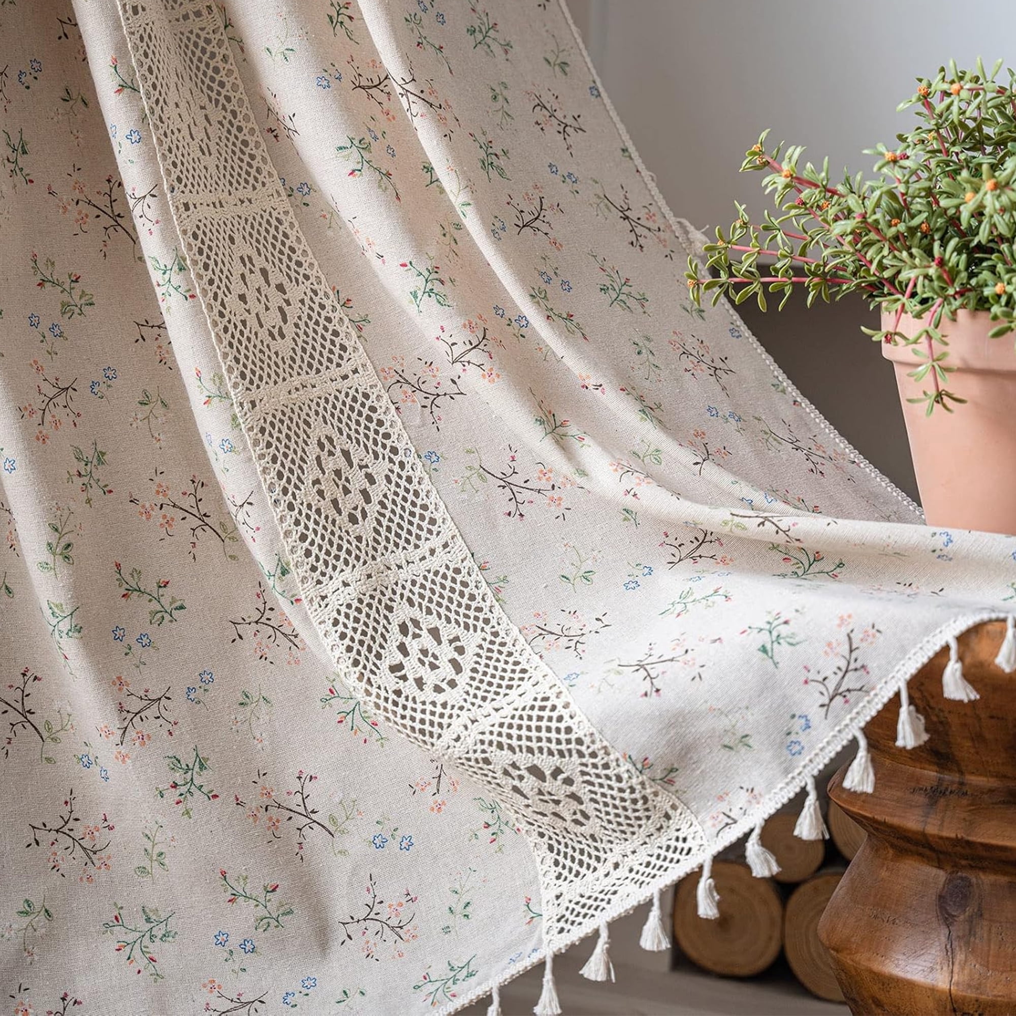 Seasonwood Farmhouse Floral Curtain for Living room, 1 Panel Crochet Lace Trim Semi-Blackout Curtain,Beige,52" x 84"