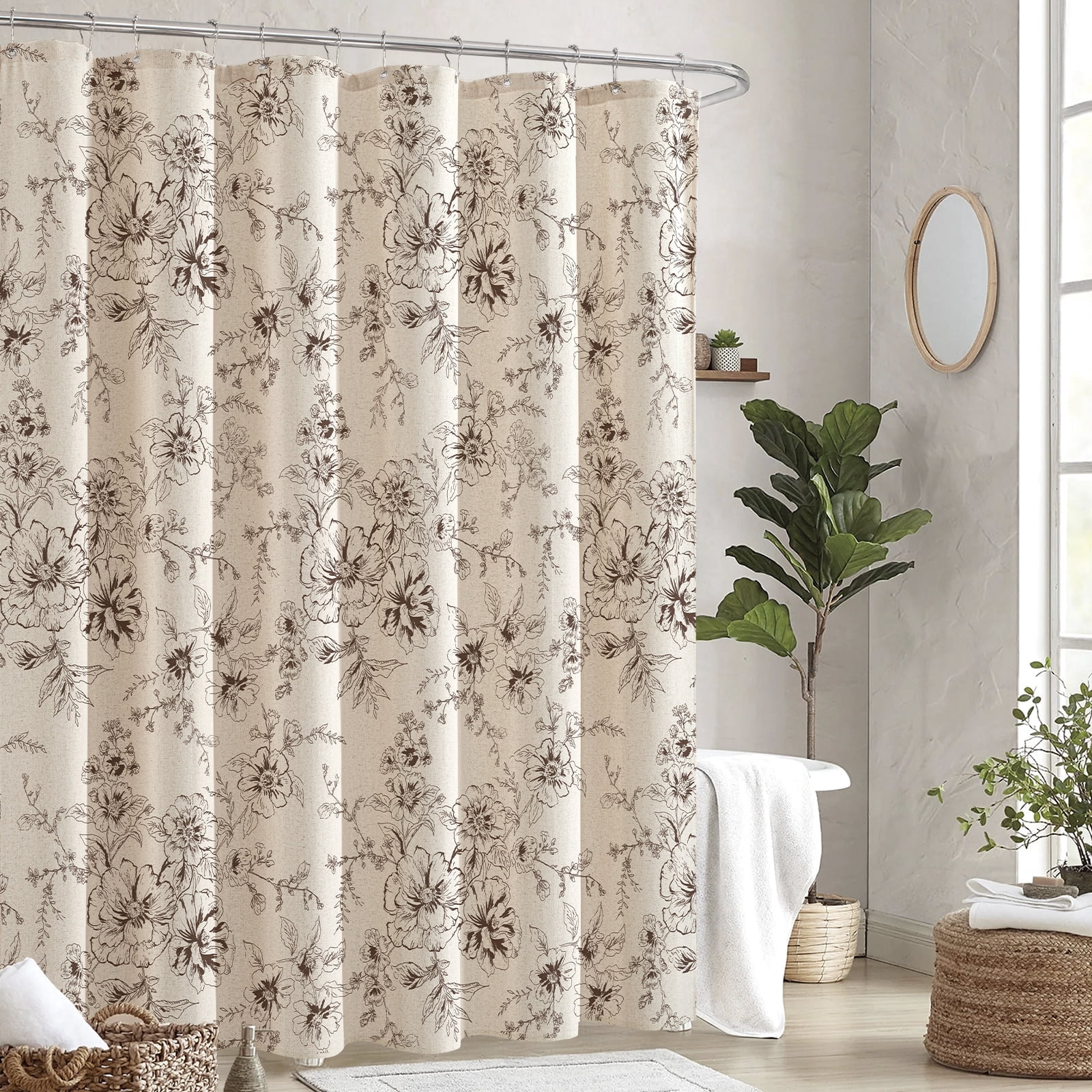Seasonwood Farmhouse Floral Linen Look Shower Curtain, Vintage Bathroom