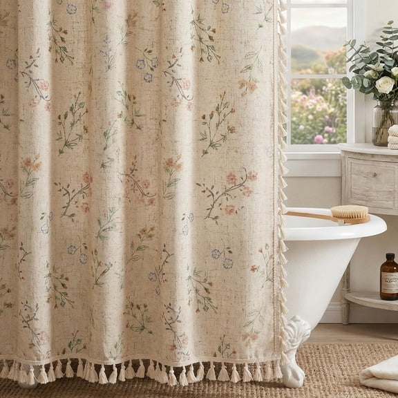 Seasonwood Farmhouse Shower Curtain,Tassel Fabric Shower Curtain for Bathroom,12 Hooks,Beige,72"x72"