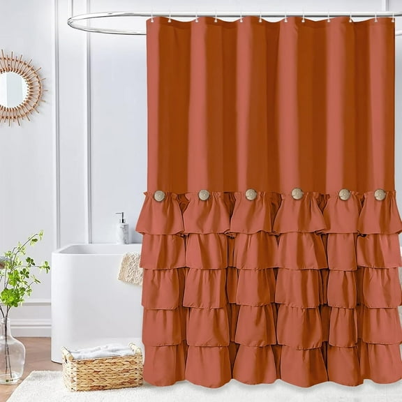 Seasonwood Farmhouse Shower Curtain with Hooks,Fabric Cute Ruffle Shower Curtain with Buttons & Ruffles for Bathroom Decor,Darkorange,72"x72"
