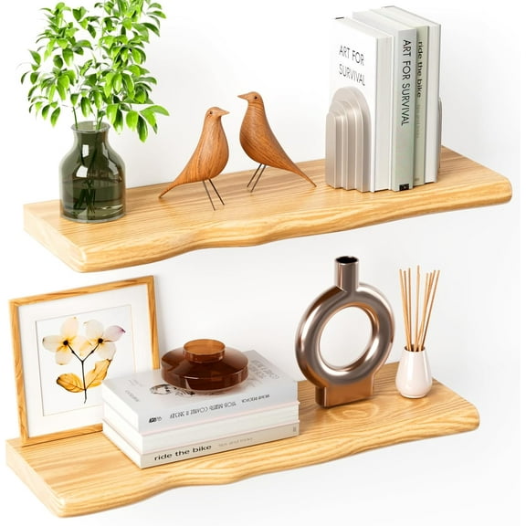 Seasonwood Rustic Farmhouse Floating Wall Shelf, 24 inch Live Edge Pine Wood Wall Mounted Shelf for Bathroom Living Room Bedroom Kitchen, Natural, 2pcs