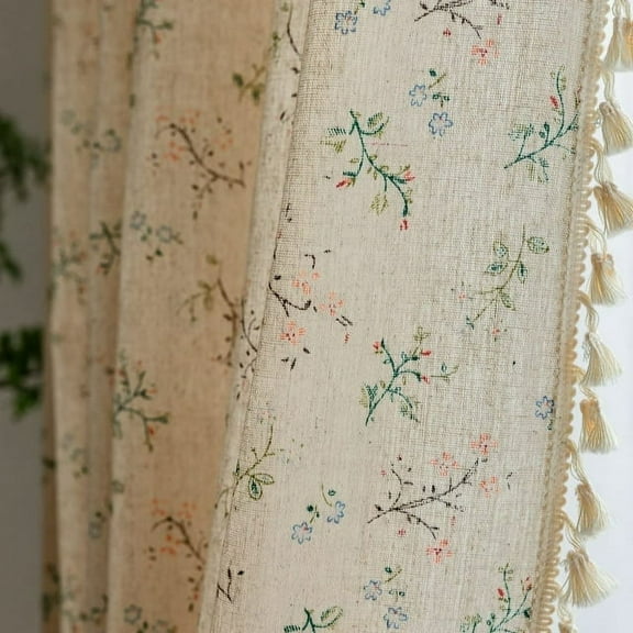 Seasonwood Floral Curtains Semi-Blackou Linen Curtains for Living Room,108 inch Framhouse Curtains,1 Panel,Beige