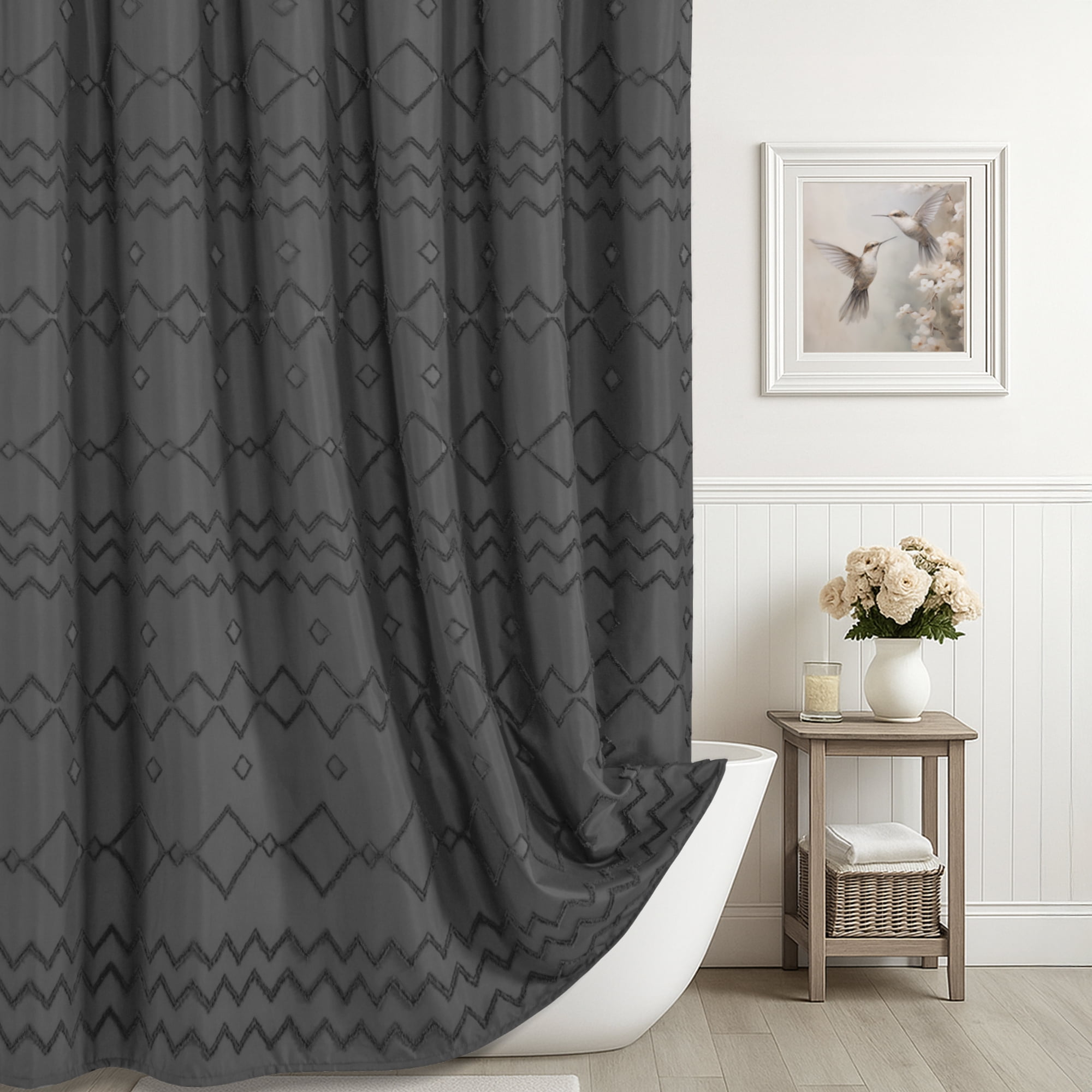 Seasonwood Gray Shower Curtain with Hooks,Extra Long Heavy-Duty Weighted-Hem Fabric Bathroom Curtain,Water-Repellent, Machine-Washable,72"x96"