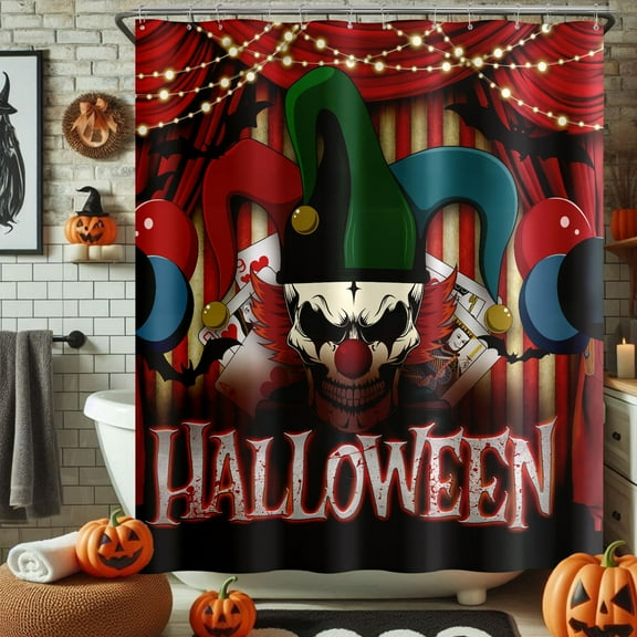Seasonwood Halloween Jester Skull Shower Curtain with Vibrant Circus Vibes and Waterproof Red-Black Design for a Thrilling Bathroom Makeover,72"x72"