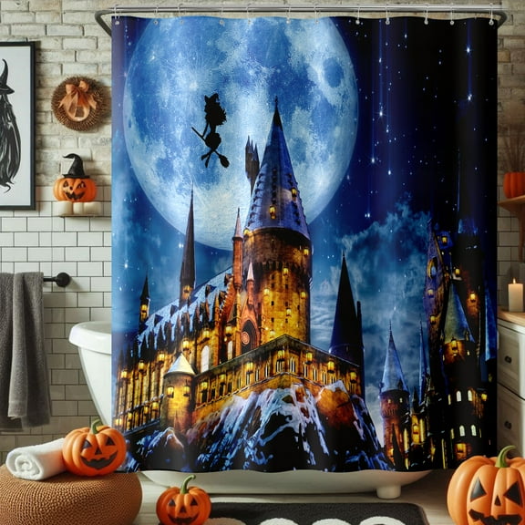 Seasonwood Halloween Shower Curtain with Magical Castle Flying Witch and Full Moon Waterproof Blue and Gold Bathroom Decor for an Enchanting Halloween Escape,72"x72"
