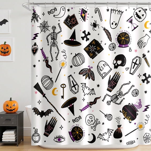 Seasonwood Halloween Shower Curtain with Whimsical Witchcraft and Skeleton Motifs, Waterproof Black and White Bathroom Decor,72"x72"