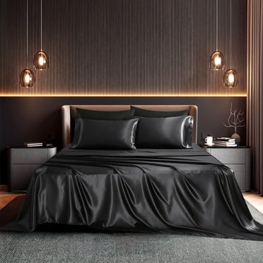 Seasonwood King Sheets Black Silk Bed Sheets Set with 2 Pillowcase 20"x40"