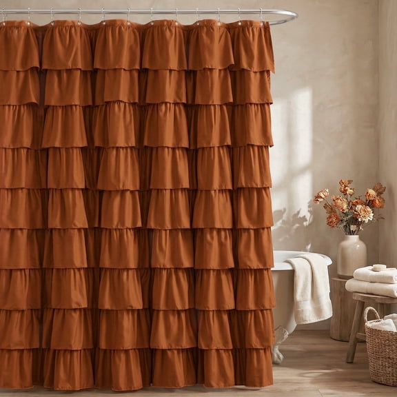 Seasonwood Orange Ruffle Shower Curtain,Farmhouse Fabric Bathroom Curtain,72" x 72"