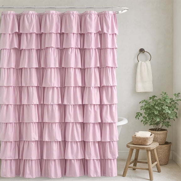 Seasonwood Pink Ruffle Shower Curtain,Farmhouse Style Fabric Bathroom Curtain,72" x 72"