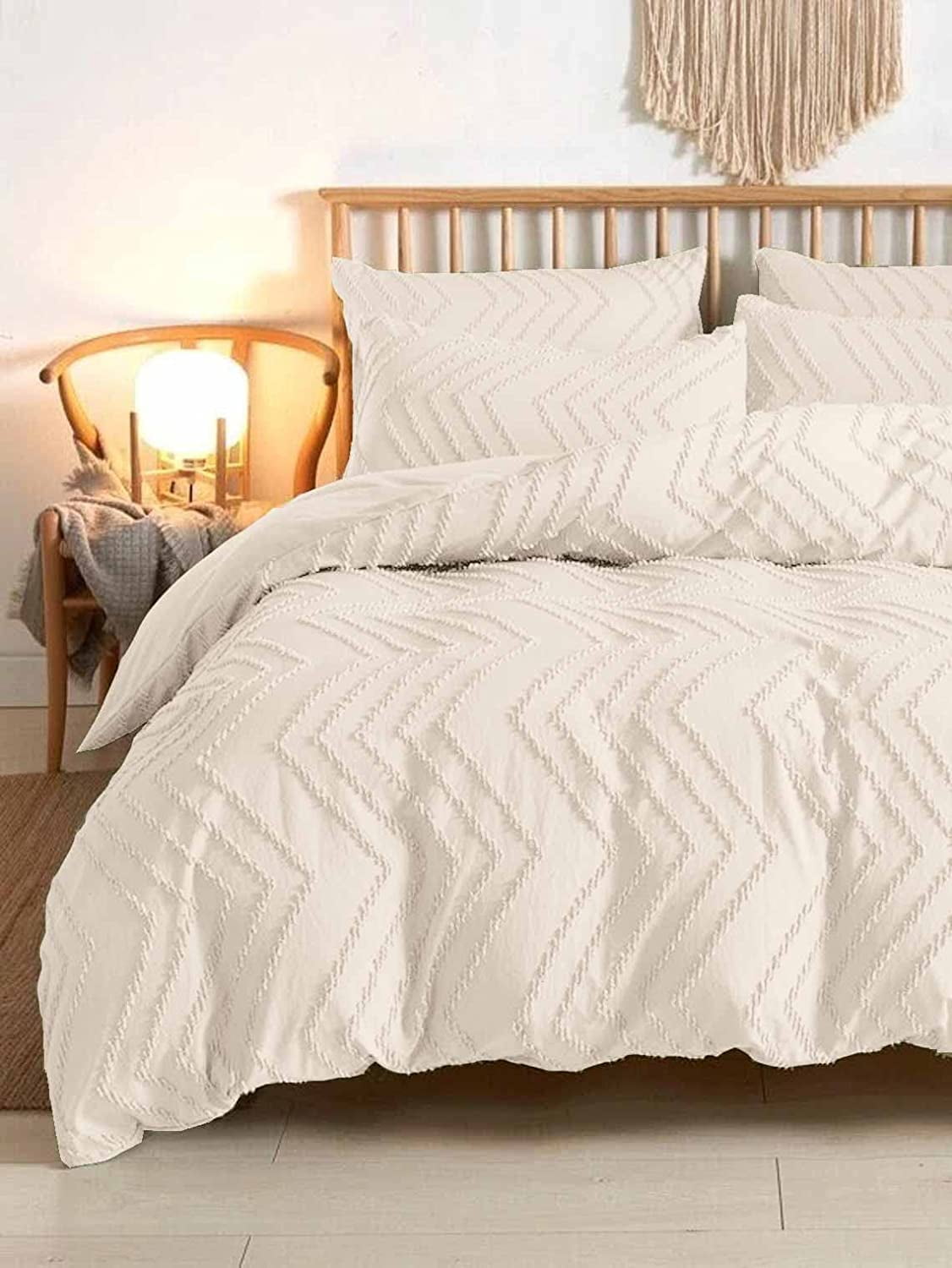 Seasonwood Queen Duvet Cover Beige Tufted Jacquard Microfiber Bedding Set 3pcs 90" x 90"