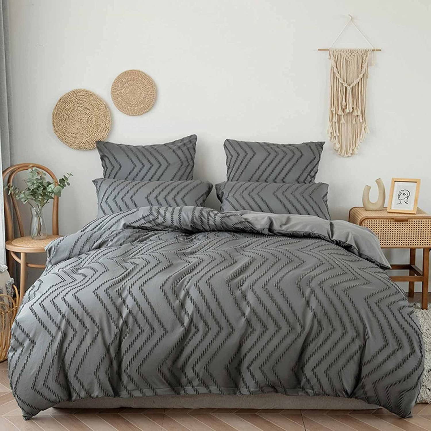 Seasonwood Queen Duvet Cover Gray Tufted Jacquard Microfiber Bedding Set 3pcs 90" x 90"